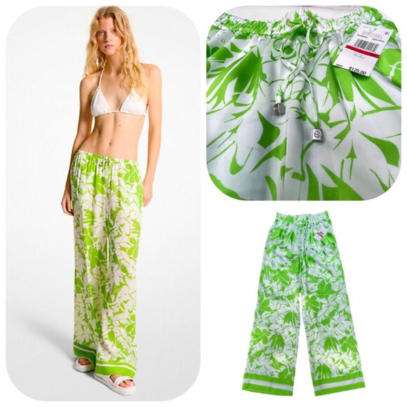NWT MICHAEL KORS Covet up High Rise Wide Leg Satin Palm Print Pants - Picture 1 of 12